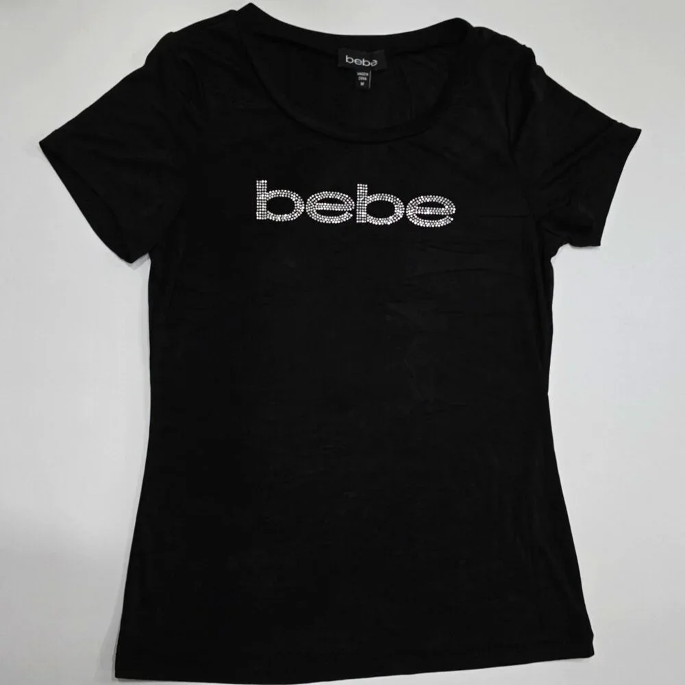 Bebe ✦ Black Rhinestone Logo Tee ✦ Short Sleeve Fitted Stretch Soft Y2K Sz M - Picture 4 of 9